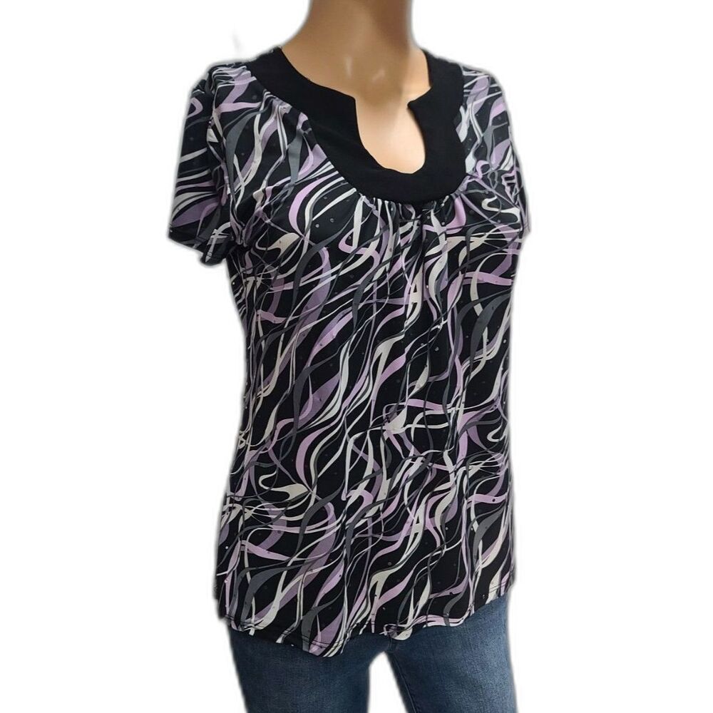 Y2K Purple Black dot accents stretch size Medium blouse abstract Career casual